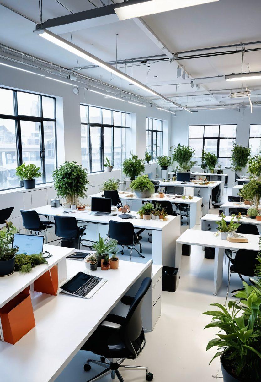 An expansive workspace showcasing an array of innovative Soputas tools and services in action, intertwined with dynamic visuals of growth such as sprouting plants and upward arrows; a diverse group of professionals collaboratively using these tools, filled with enthusiasm and creativity. The background is bright and airy, symbolizing a future full of possibilities. super-realistic. vibrant colors. white background.