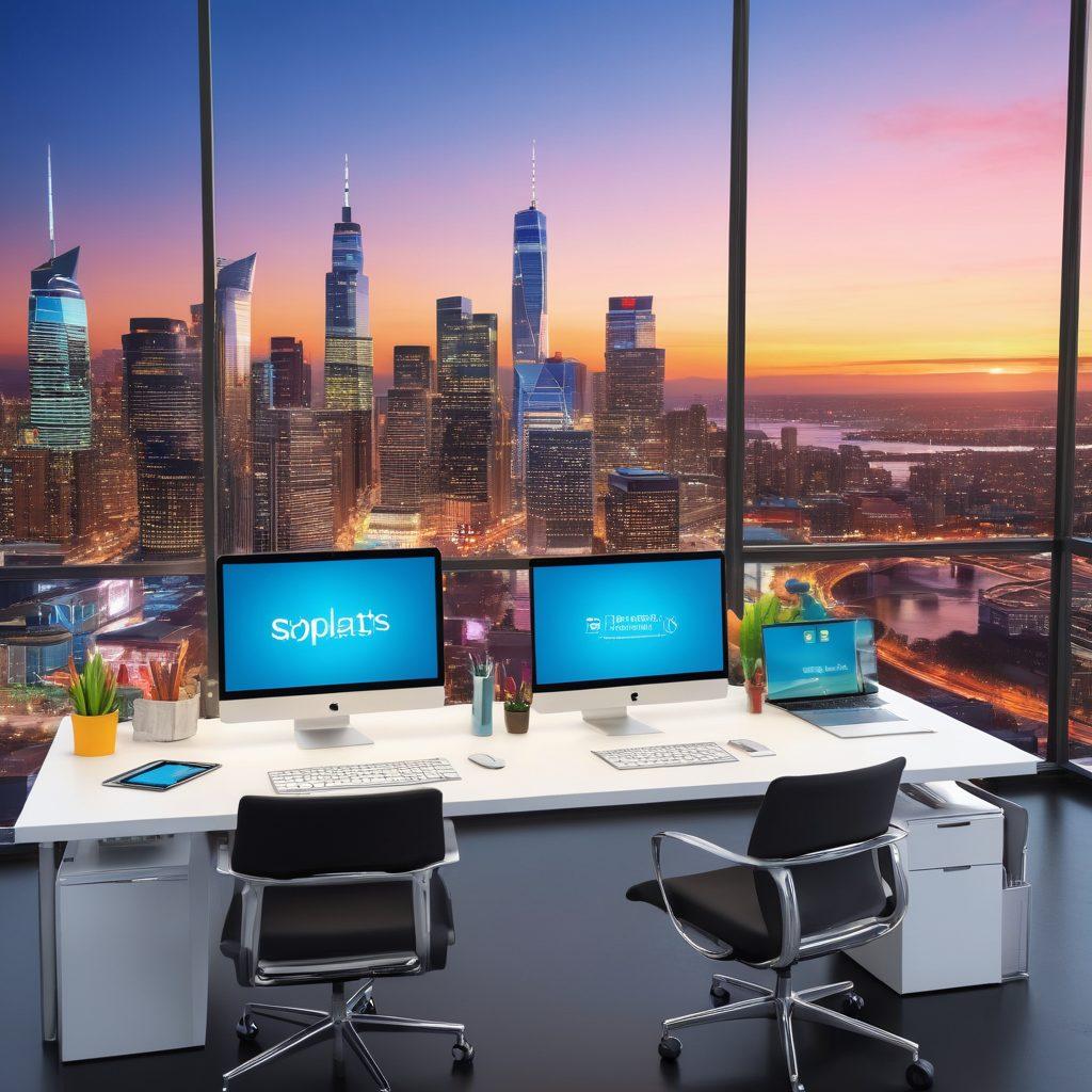 A dynamic workspace showcasing a diverse team collaborating on innovative solutions with Soputas tools. Include visual elements like digital interfaces and sleek gadgets highlighting efficiency and creativity. The background features a vibrant city skyline symbolizing ambition and growth. Use bright, engaging colors to evoke a sense of inspiration and progress. super-realistic. vibrant colors. 3D.