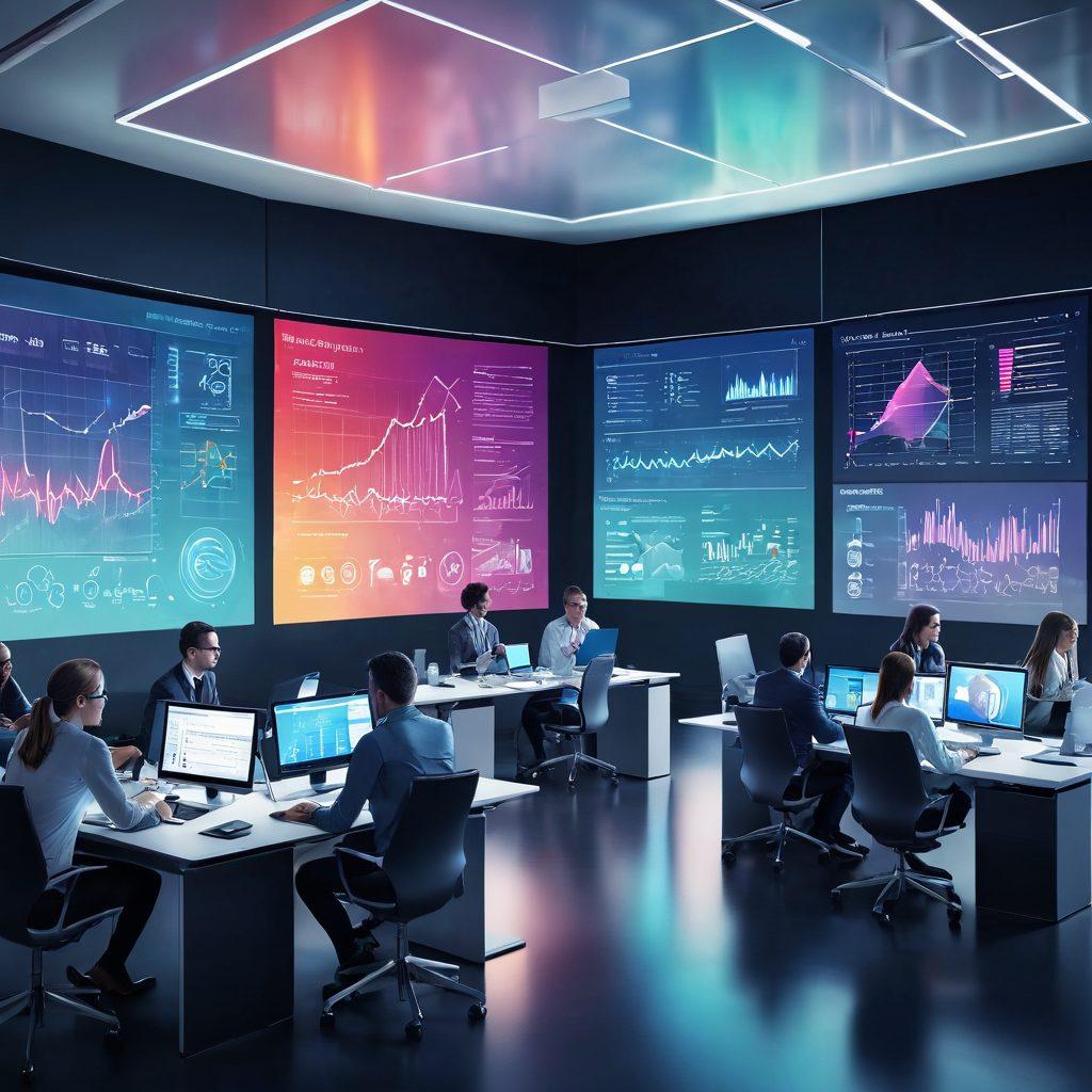 A dynamic workspace featuring a diverse group of professionals collaborating with futuristic digital analytics displayed on screens. Incorporate elements of innovation like floating graphs, charts, and creative software interfaces. The environment should be bright, energetic, and inspire a sense of productivity and teamwork. Include abstract shapes and lines symbolizing efficiency and data flow. vibrant colors. 3D.